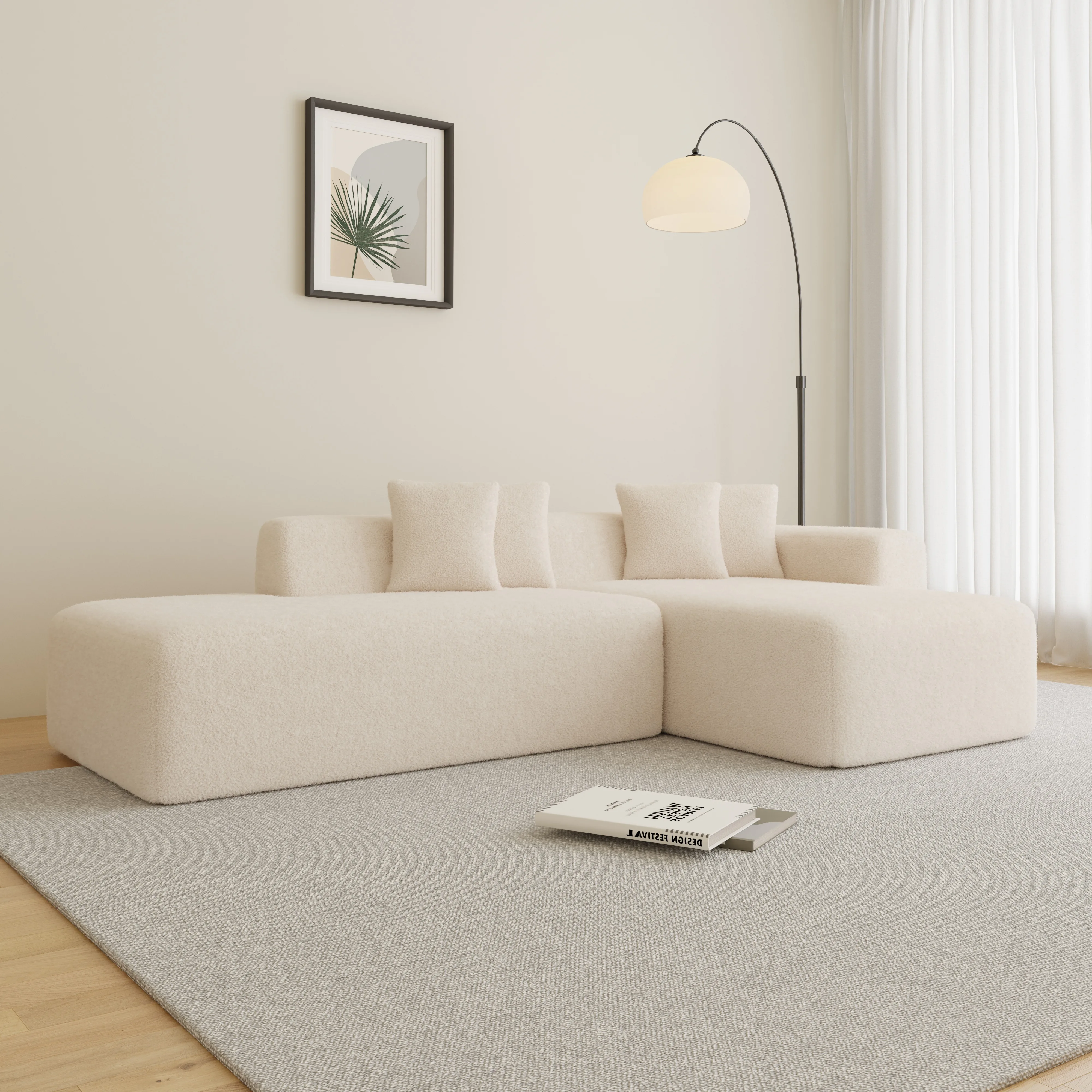 Modular Sectional L-Shape Chaise Sofa, Comfy Lambswool Fabric Corner Compressed Sofa  for Living Room, Bedroom, Apartment, Beige