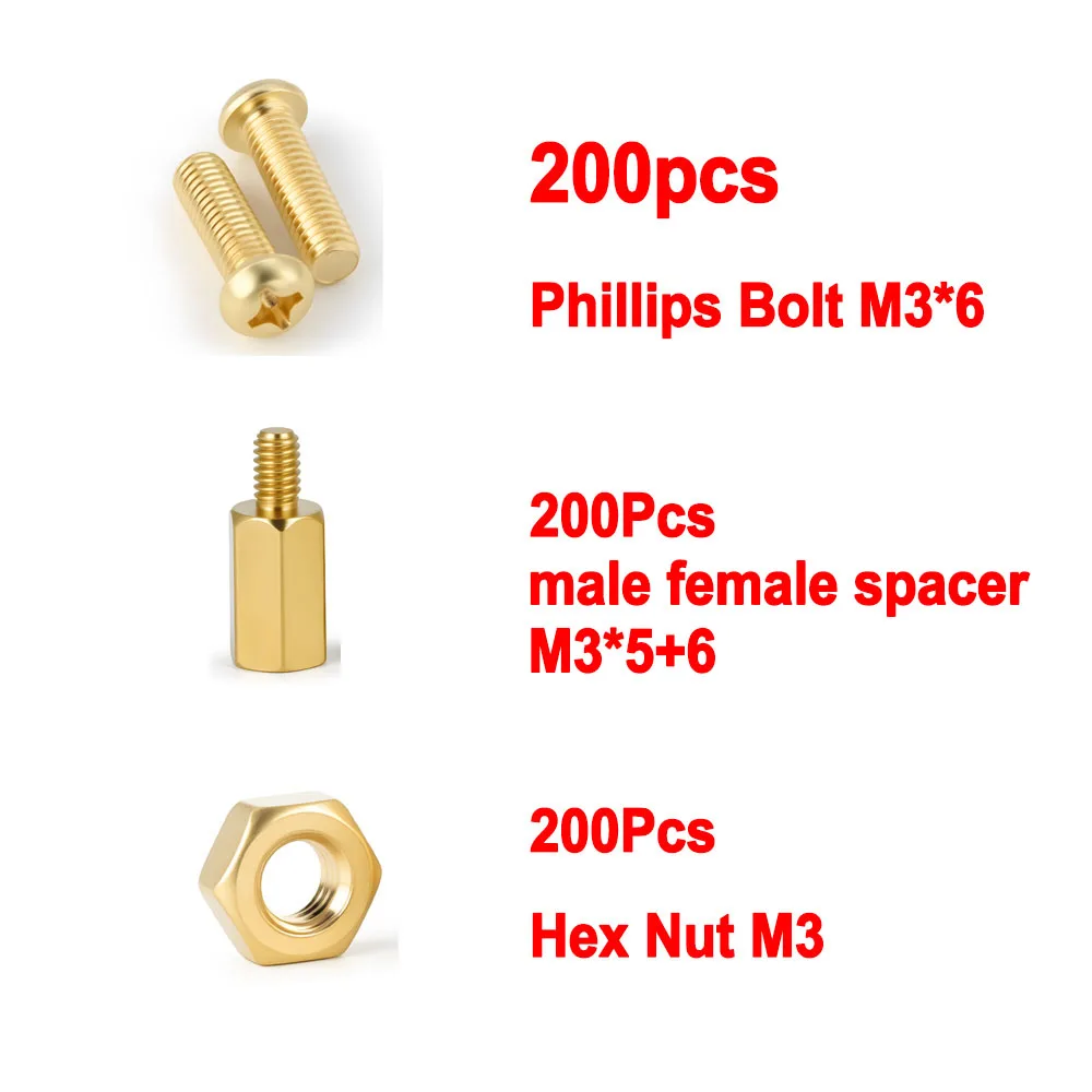 

200 шт. латунная стойка M3 * 5 + 6/200 шт. латунная гайка M3/200 шт. латунный крестообразный винт M3 * 6