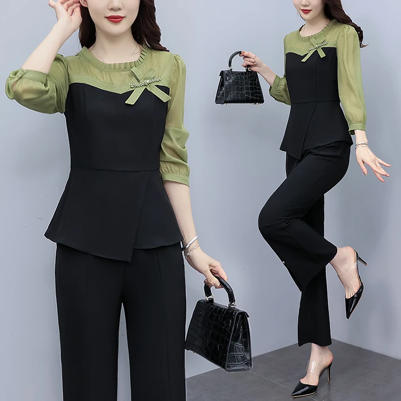 Women Chiffon Patchwork Elegant Pants Sets For Spring Autumn 2023 New Office Lady Slim Bow 2 Pieces Pantsuits Outfits Oversize