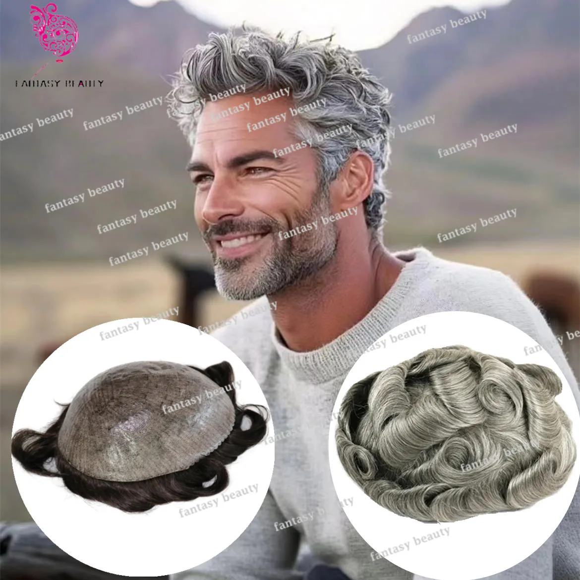 Natural Hairline 1B40 1B65 Black Gray Mixed Durable Mens Toupee Wig Skin PU Silicon based Human hair Capillary Prosthesis System