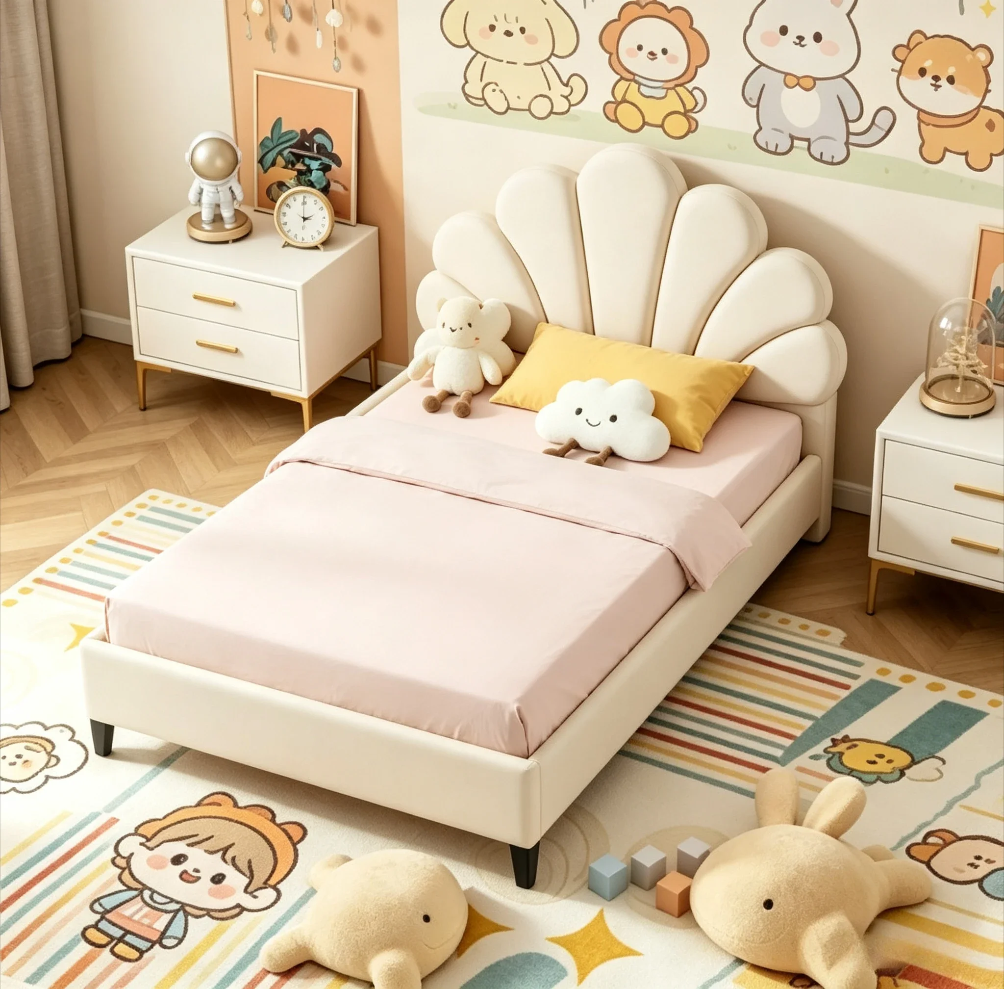 Letto per bambini, 90x200 cm, letto imbottito, letto singolo, testiera a forma di fiore, struttura del letto con doghe in legno, colore rosso vino/beige, senza materasso.