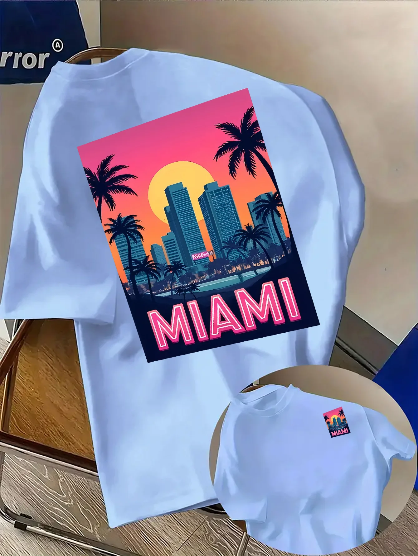 Miami City Sunset Skyline Print on Premium Soft 100% Cotton Mens T Shirt Perfect for Summer Casual Vacation Streetwear Style