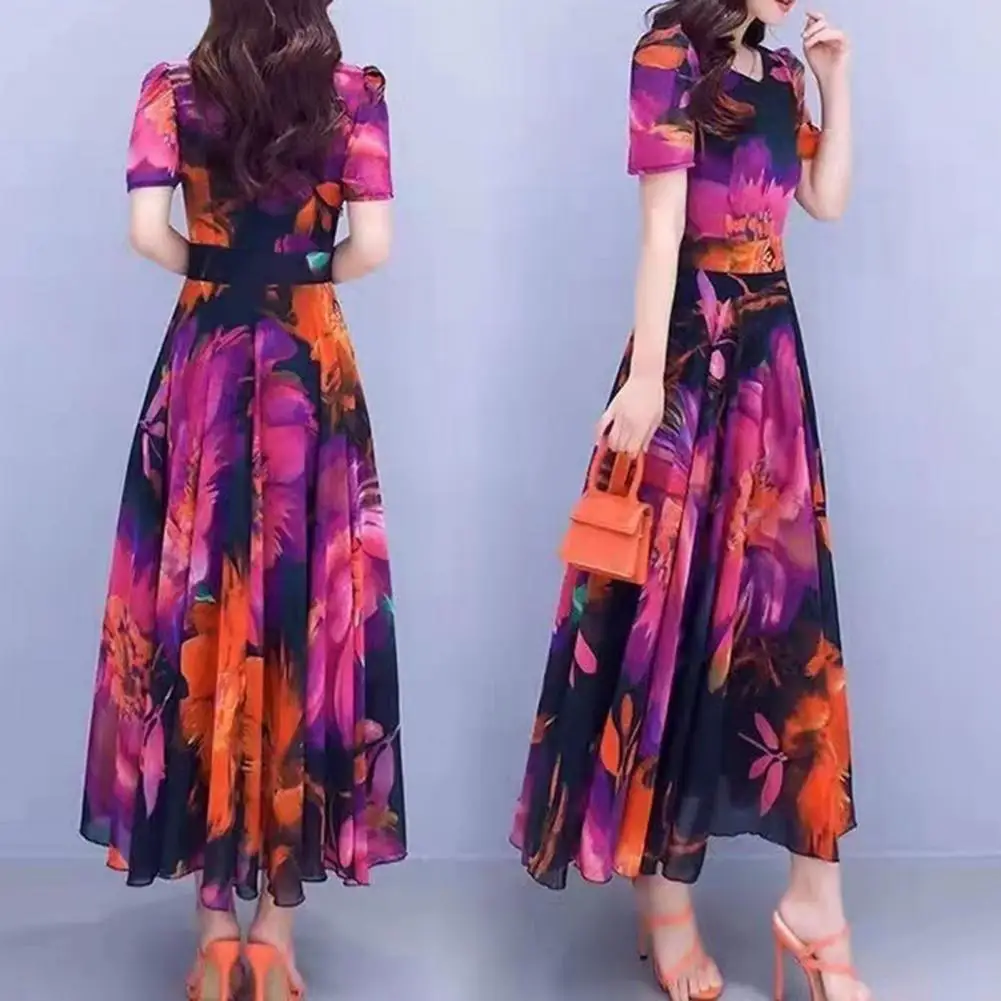 

Summer Maxi Dress Bohemian Floral Print Midi Dress for Women with High Waist Short Sleeves A-line Big Swing Style for Summer