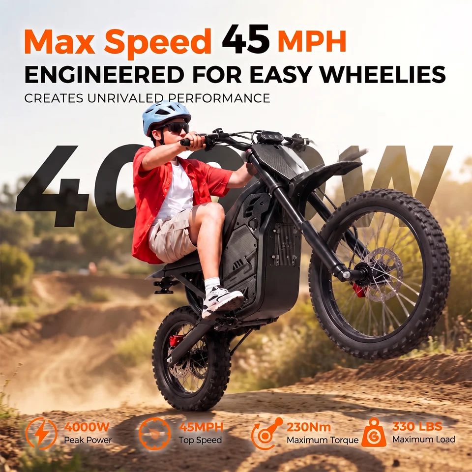 4000W Electric Dirt Bike 48V 23AH Battery Off-Road Motorcycle E-Bike Speed up to 45 Mph Dirt Bike 14/12" Fat Tire Electric Motorcycle image 6