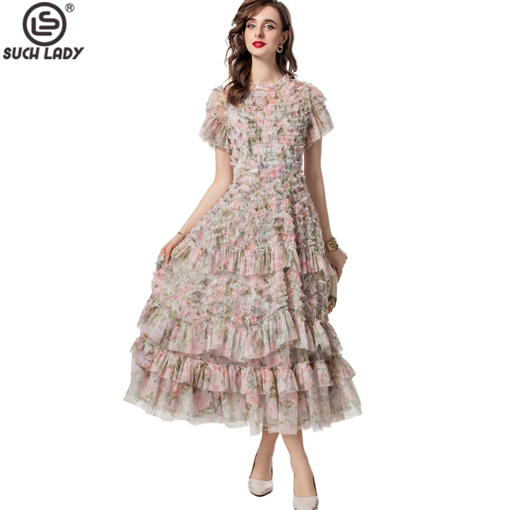 Women's Dresses O Neck Short Sleeves Printed Tiered Ruffles Floral Elegant Layered Long Runway Party Vestidos