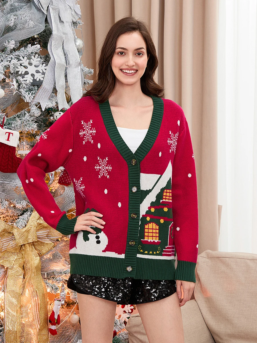 Women s Christmas Cardigan Reindeer Fair Isle V Neck Button Down Long Sleeve Knit Sweater Holiday Streetwear Festive Winter Wear