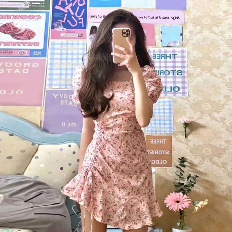 

Floral Skirt New Summer Sweet Temperament Small Skirt Looks Thin And Small, Square Neck Short Sleeved Dress
