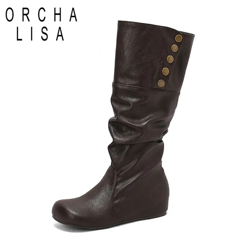 

ORCHA LISA 2025 Винтажные женские сапоги до середины икры с круглым носком на танкетке 5 см без шнуровки с металлическим украшением Большой размер 48 49 50 Повседневная повседневная обувь