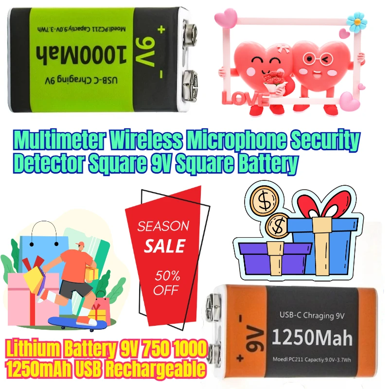 

Lithium Battery 9V 750/1000/1250mAh USB Rechargeable Multimeter Wireless Microphone Security Detector Square 9V Square Battery