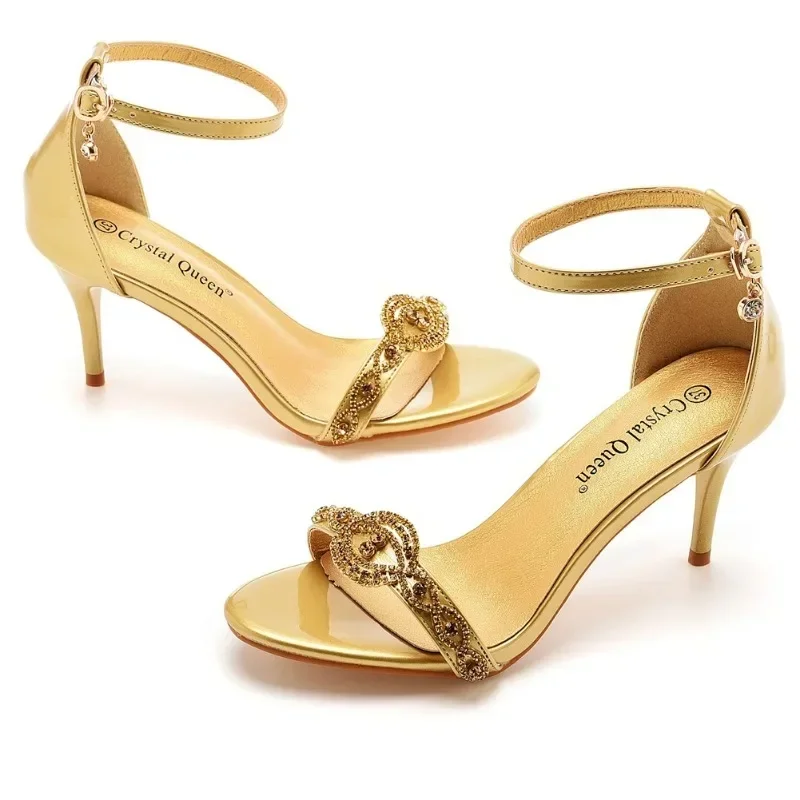 Pumps Women Heeled Sandals Summer Rhinestone Buckle Strap PU 5CM Thin Heels Dance Female Korean Style Women Shoes White