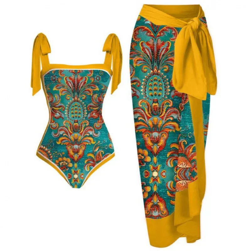 

New Two-Piece Suit Swimsuit Fashion Vintage Print Flab Hiding Slimming Sun Protective Beach Dress One Piece Swimsuit