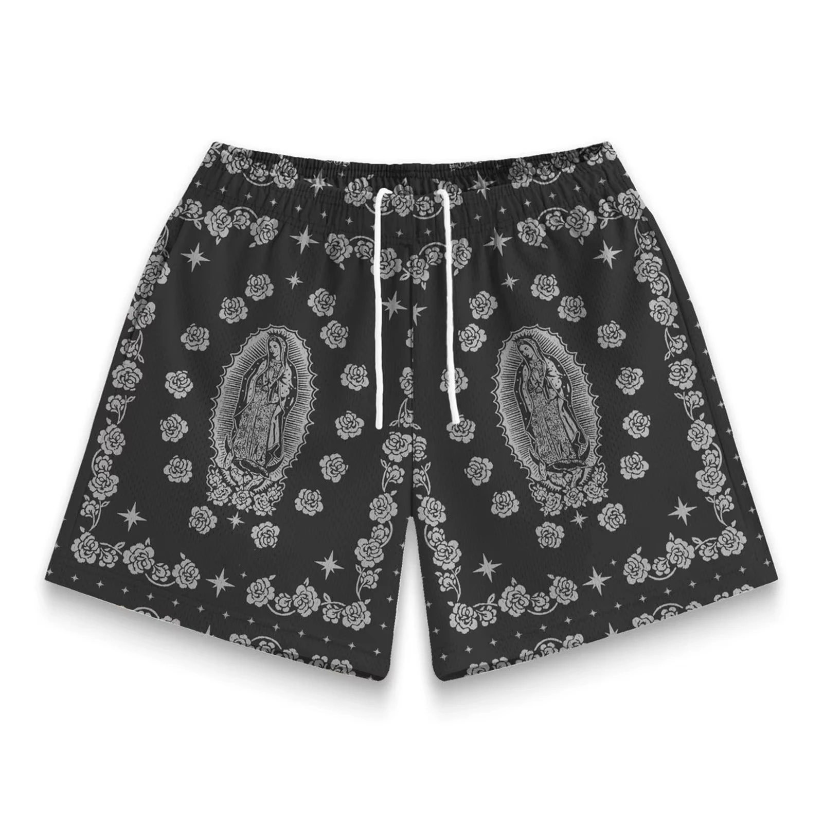 Fashion Men Shorts Breathable Beach Casual Pants Men Beach Pants Skateboard Shorts Virgin Mary Pattern Shorts Unisex Short Moto