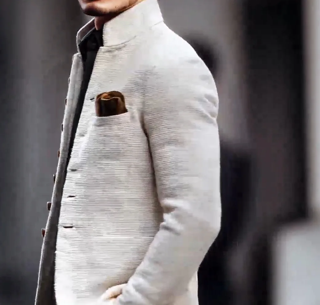 Men's Casual Stand Up Collar Jacket Slim Fit Button Pocket Long Sleeved Small Suit Jacket