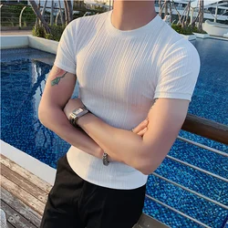 British Style Summer Thin Ice Silk Solid T Shirts Men's Clothing 2022 Round Neck Short Sleeve Slim Fit Casual Tee Top Streetwear