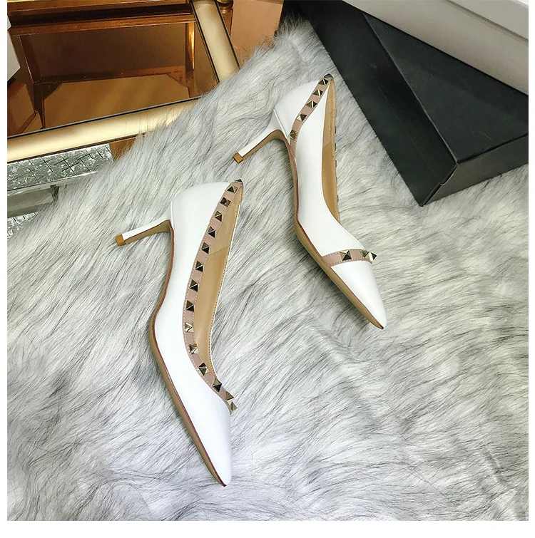 2024 Popular Pointed Toe Patent Leather Rivet Stud High Heels Shoes Banquet Party WeddingShoes Nightclub High Heels Women Shoes