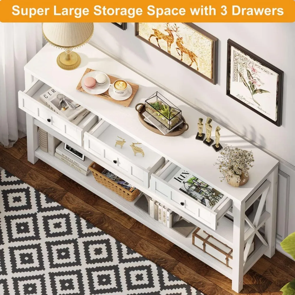 Mesa de console de fazenda com 3 gavetas: mesa de sofá de entrada de madeira e metal para sala de estar e corredor em estilo moderno