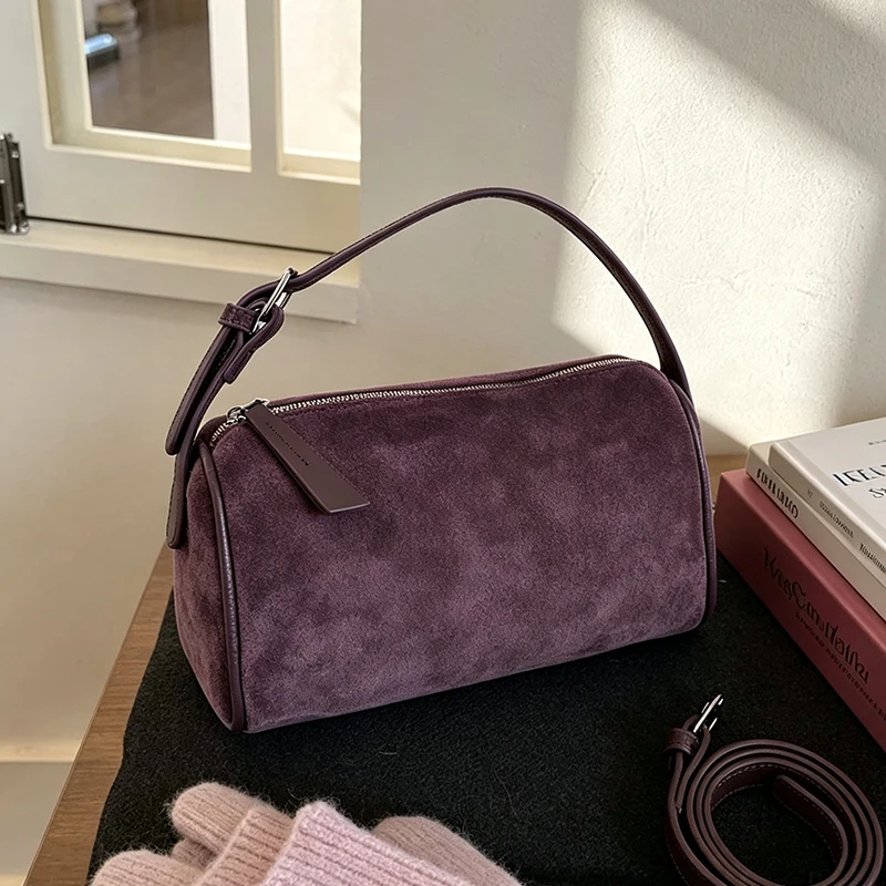 Vintage Faux Suede Cylinder Shoulder Bag Removable Long Strap Small Crossbody Handbag Solid Color Casual Ladies Underarm Purse