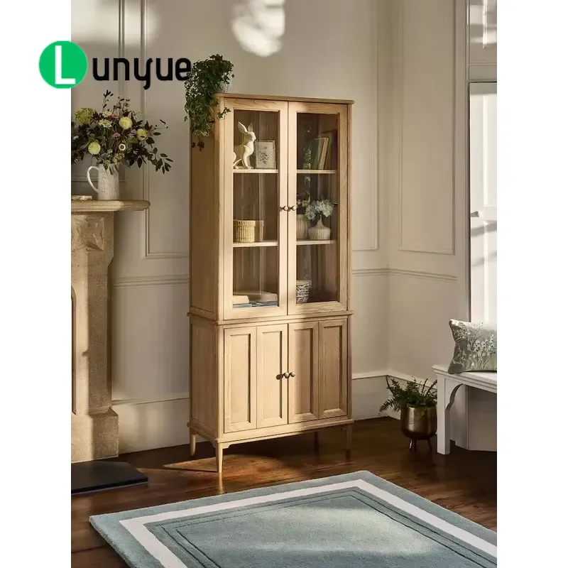 American Country Style Solid Wood Bookcase French Retro Glass Double Door Dining Side Cabinet Storage Locker for Living Room