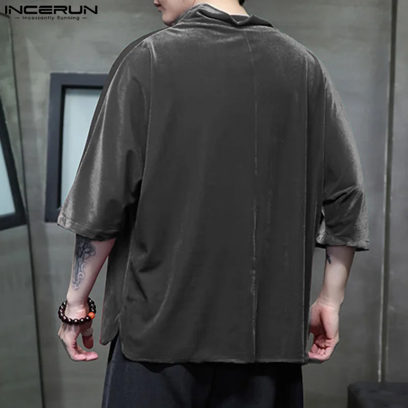 INCERUN Men\'s T Shirt Solid Color Turtleneck 3/4 Sleeve Streetwer Velour Casual Men Clothing 2024 Loose Fashion Male Tee Tops