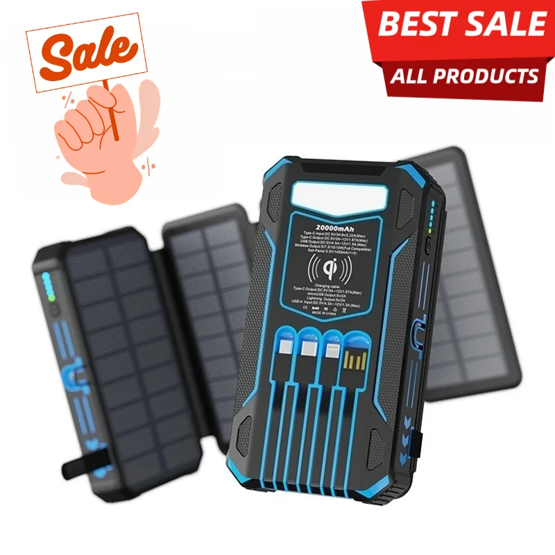 

Трехкратный беспроводной аккумулятор большой емкости 20000 мАч, складной с 4-проводным портативным мобильным питанием для улицы для IPhone Xiaomi