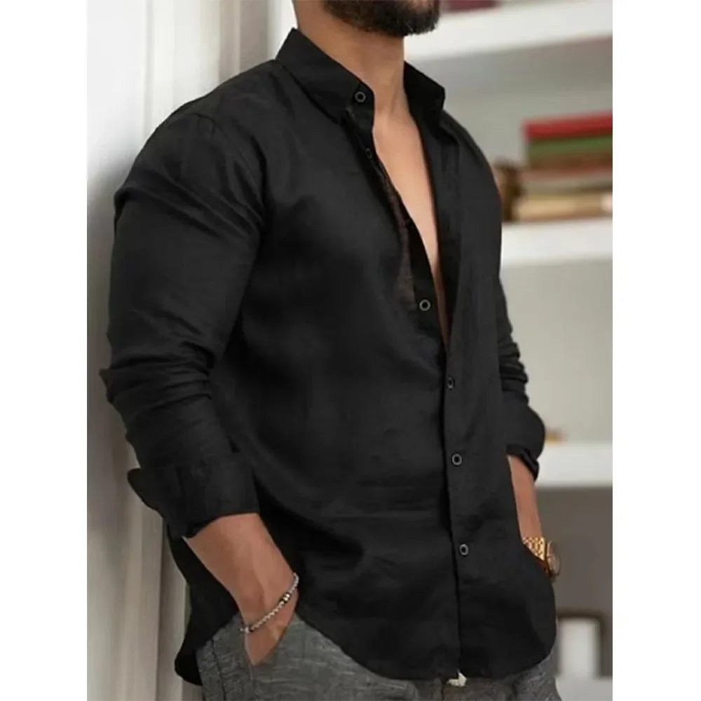 

Men's Cotton Line Casual Baggy Shirts Spring Fall Lightweight Long Sleeve Shirt Breathable Hawaiian Lapeled Shirts Men's Top