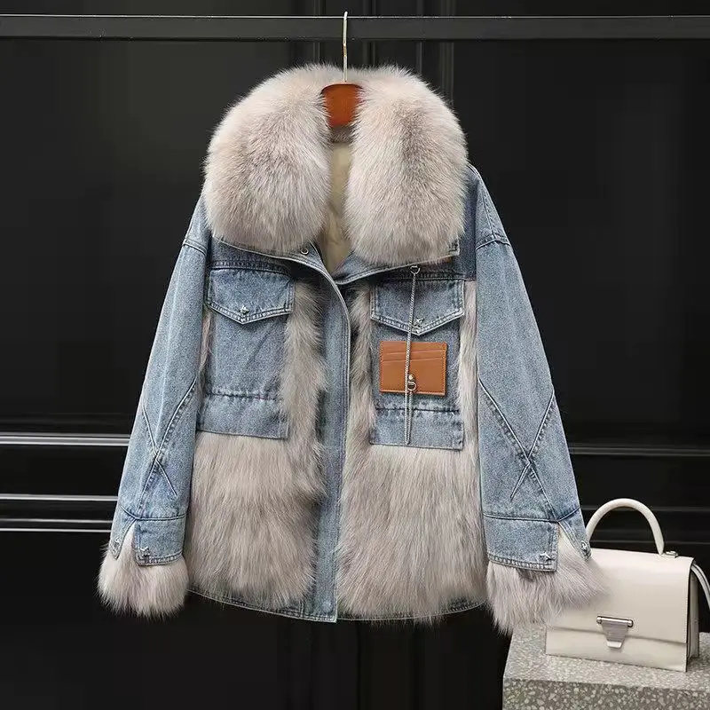 Women Thick Coat Winter Autumn Korean Fashion Parkas Patchwork Jeans Coat Sweet Full Turn-down Collar Winter Jacket Women