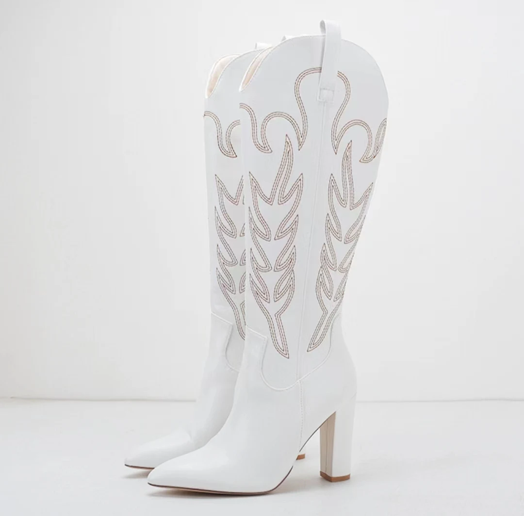 2024 Traf New Pointed Large Embroidered High Heel Cowboy Cowgirl Women\'s Boots High Sleeve White Long Boots Wedding Western boot