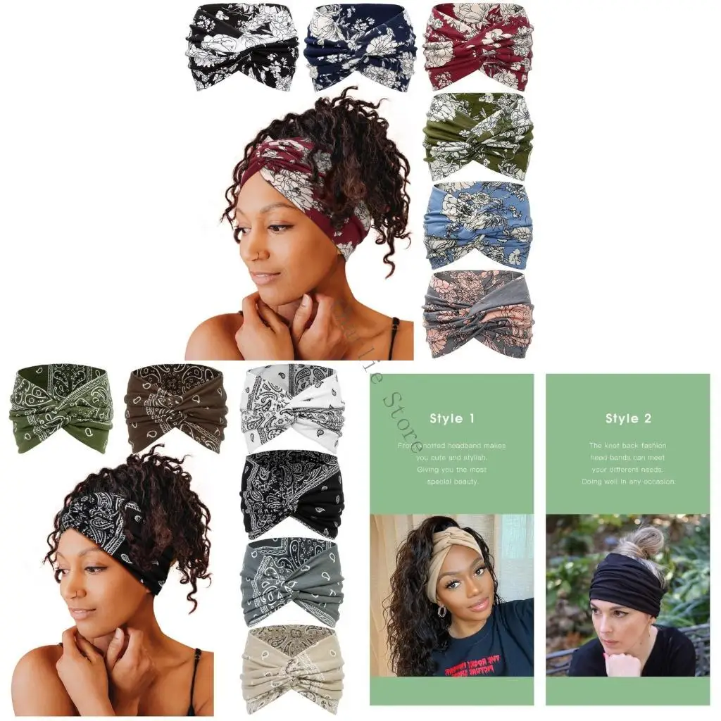 

Bohemian wide headband for women, sweat absorbing and anti slip yoga headscarf, sports fitness running headband, printed W91C