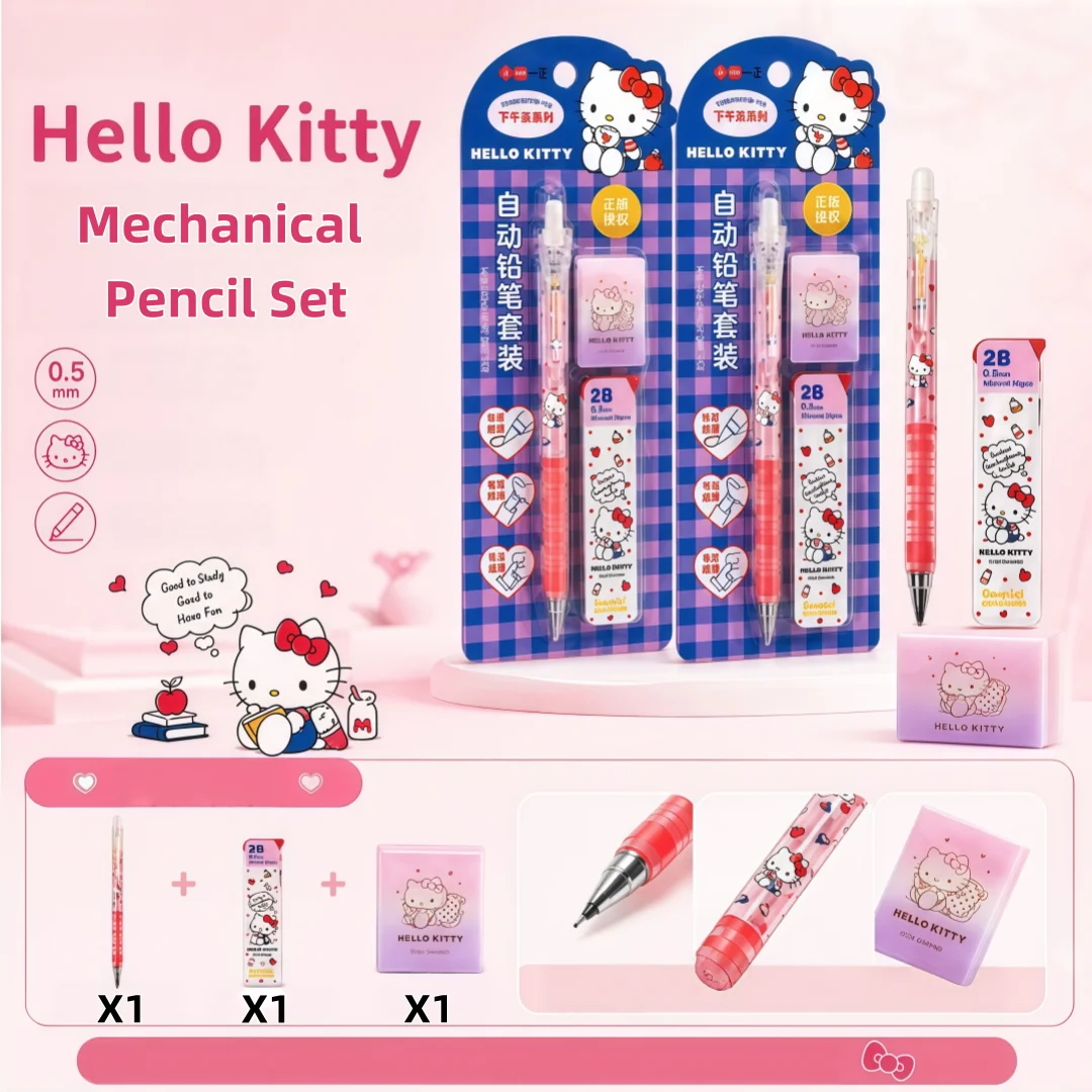 Sanrio Hello Kitty Automatic Pencil Set 0.5mm Includes 1 Eraser and 15 Lead Refills Student Writing Stationery Set