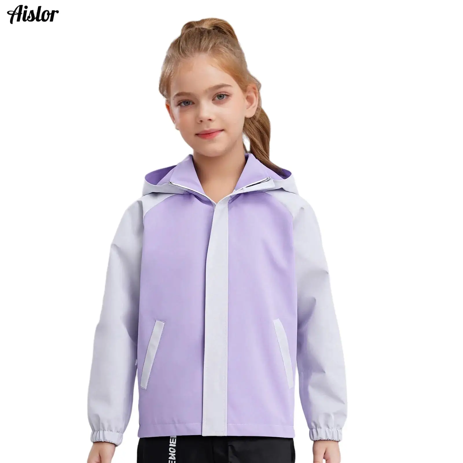 

Детская водонепроницаемая куртка с капюшоном для мальчиков и девочек, воротник-стойка, длинный рукав, молния, цветное пальто с карманами, повседневная верхняя одежда