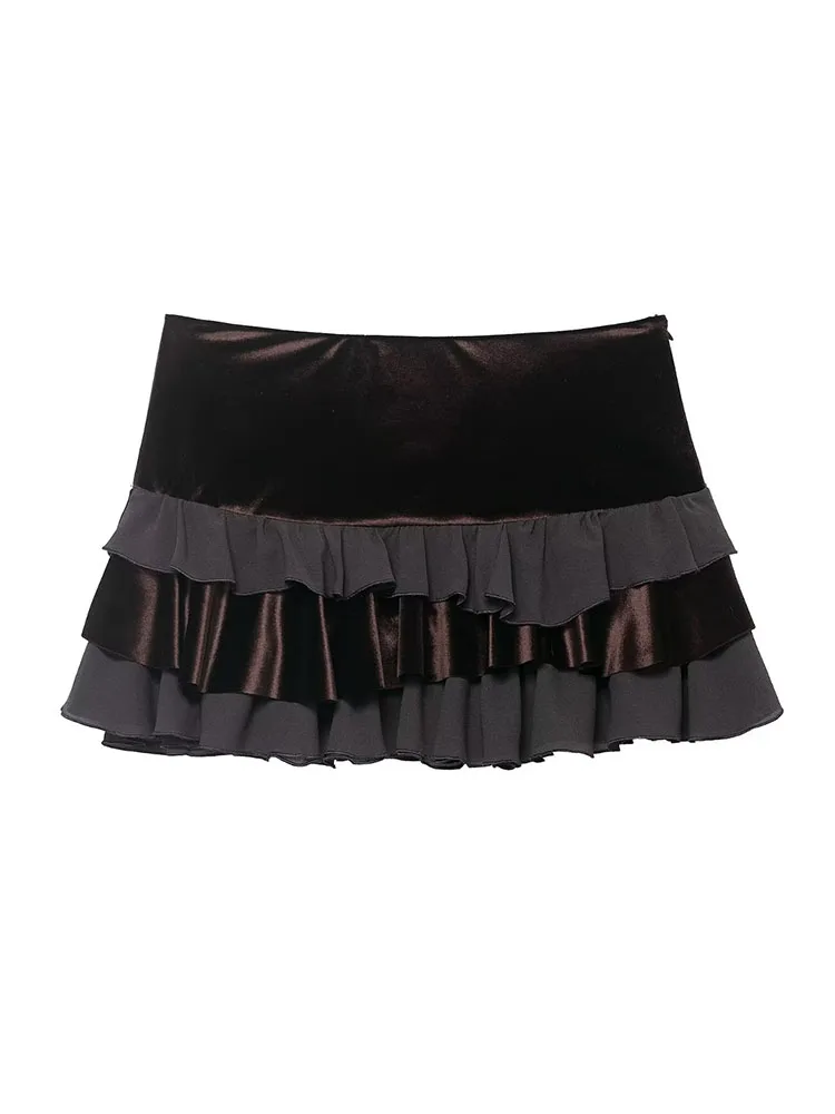 HH Women Fashion Retro Versatile Zipper Stitching Layered Decorative Mini Skirt Female Elegant Party Dance Low-Waist Sexy Skirt