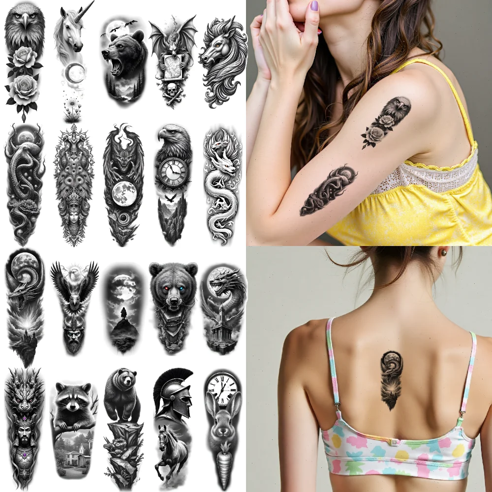 

Временные татуировки с животными, 12 шт., черные и серые, реалистичные татуировки с природой, фэнтезийные татуировки для мужчин, бедер, взрослых