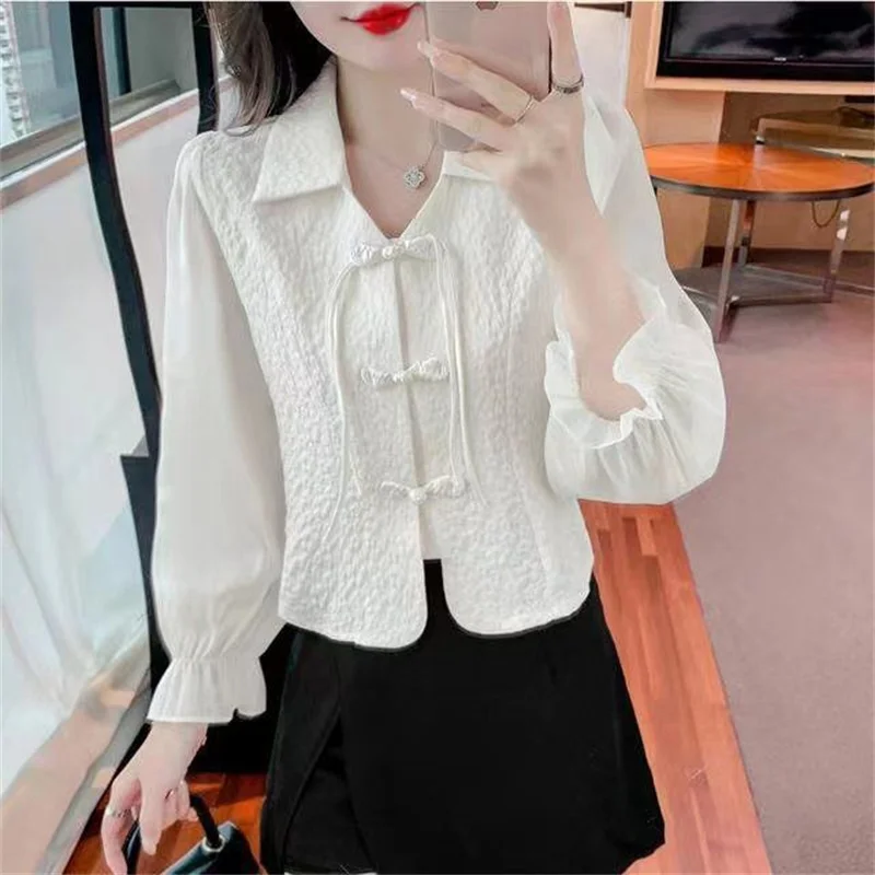 Chinese Style Chiffon Shirt Button Shirt Women\'s Long Sleeved Spring AutumnThin Waist Tightening And Slimming Top WhiteShirt