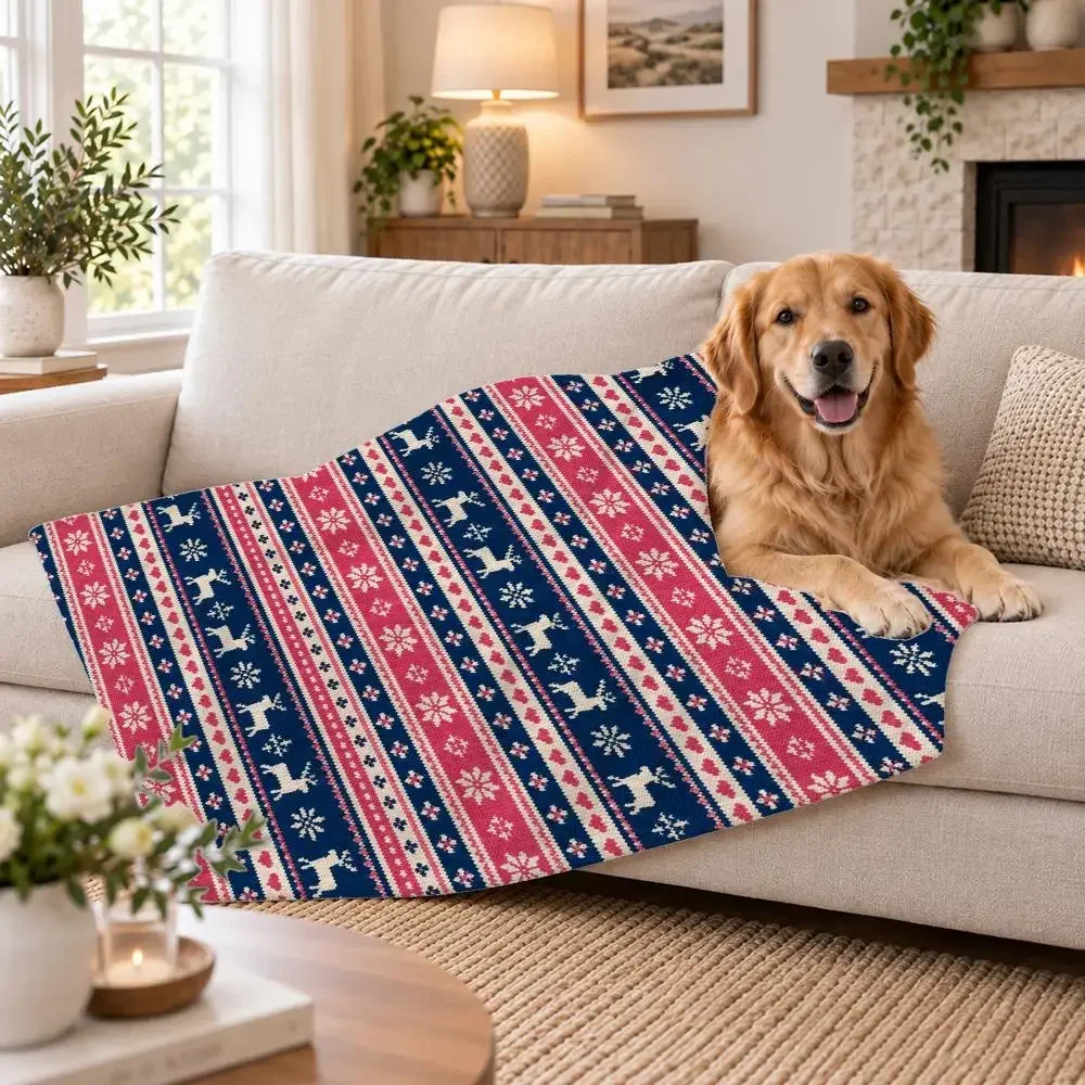 Christmas Plaid Reindeer Scatter Pattern Throw Soft Plush Flannel Pet Blanket, Home Decor Cover for Sofa, Bed, Trip & Picnic