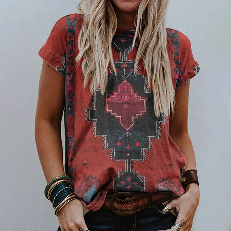 Western Ethnic Style T-Shirts Geometry 3D Print Women's New O-Neck Short Sleeves T Shirt Y2k Harajuku Tees Tops Female Clothing