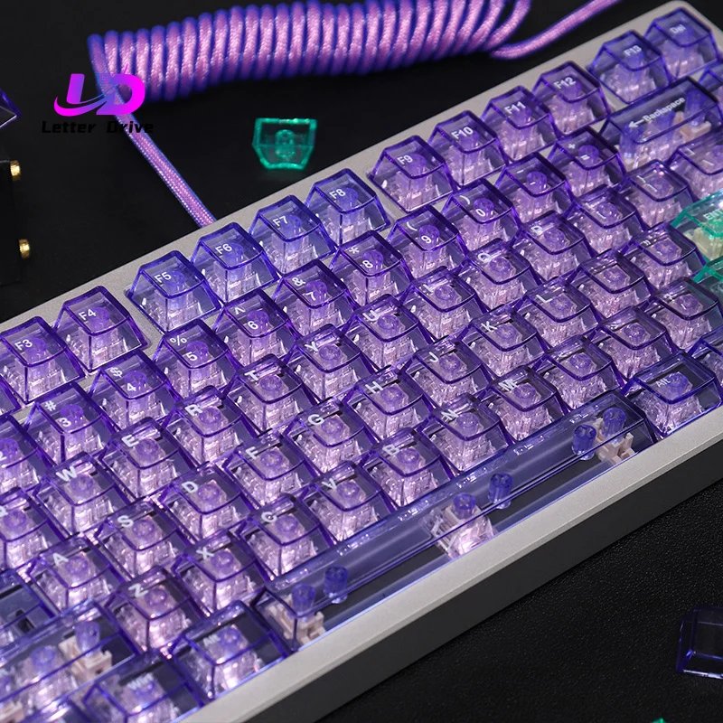 Purple Crystal Clear Keycaps Set 130+ Keys Cherry Profile Transparent Keycaps UV Pad Print For Mx Switches Mechanical Keyboard