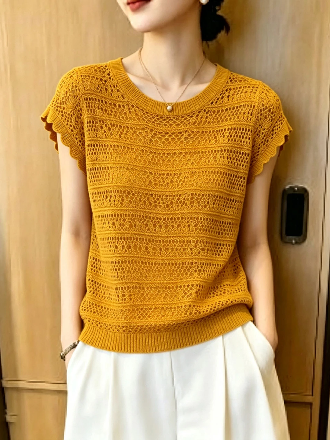 New Design Hollow out Soft Skin Friendly Pure Color Summer Knitwear Easy to Wear Korean Style Straight Cut Short Sleeve Top