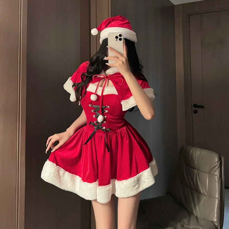 Sexy lingerie Christmas Outfit Battle Robe Sexy Small Chest Clothes Hat Dress W1 white Socks Red