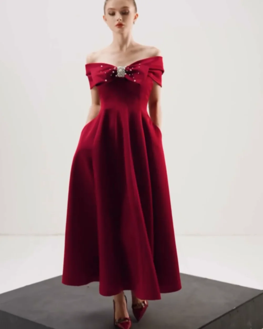 

Customized Intricate Jersey Bow A-line Off-the-shoulder Midi Dresses Prom Classic Exquisite Modern Style Pastrol Chinese