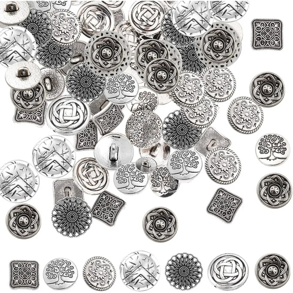 70Pcs Hole Alloy Buttons Antique Silver Flower Tree Metal Button Vintage Pattern Decorative Buttons for Sewing