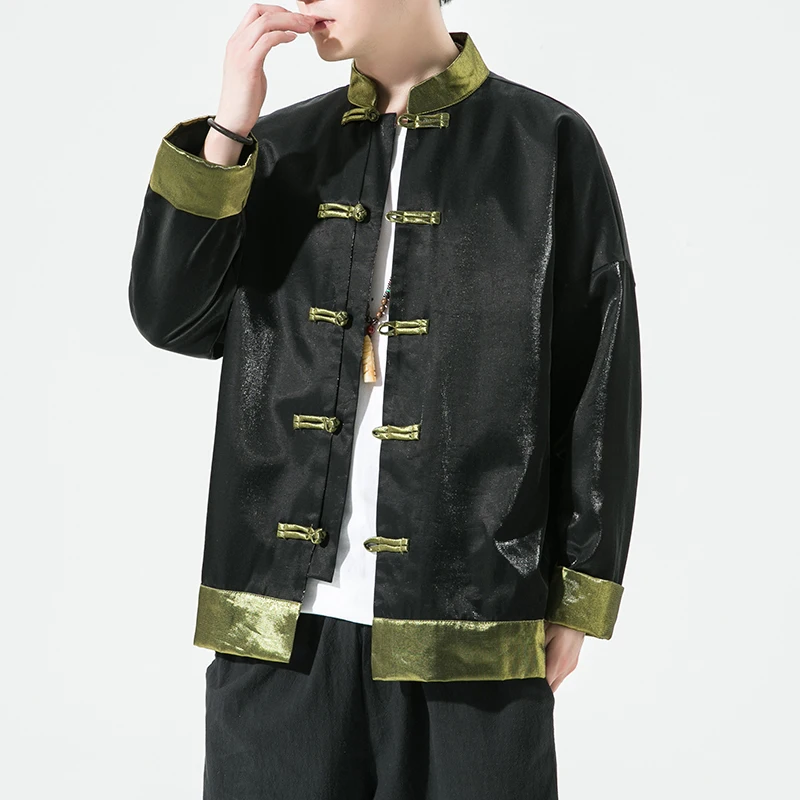 Jaket Hanfu Kerah Tegak Retro Warna Kontras Ukuran Besar untuk Pria, Pakaian Luar Musim Gugur, Model Panjang