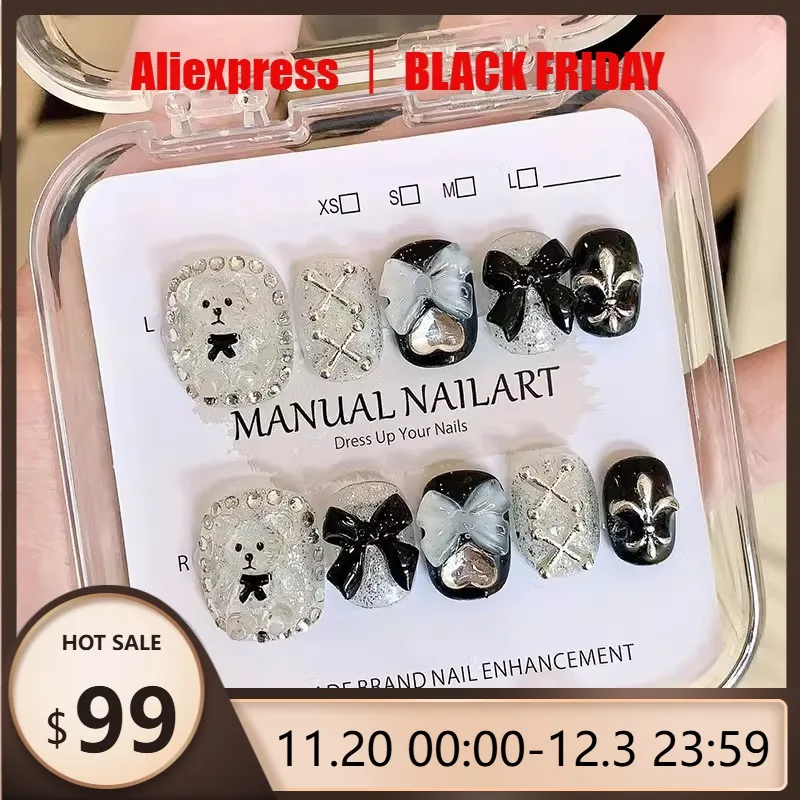 

10 шт., короткие квадратные круглые ногти ручной работы с бантом, черно-белый медведь, накладные ногти с бриллиантами, съемные носимые ногти для женщин