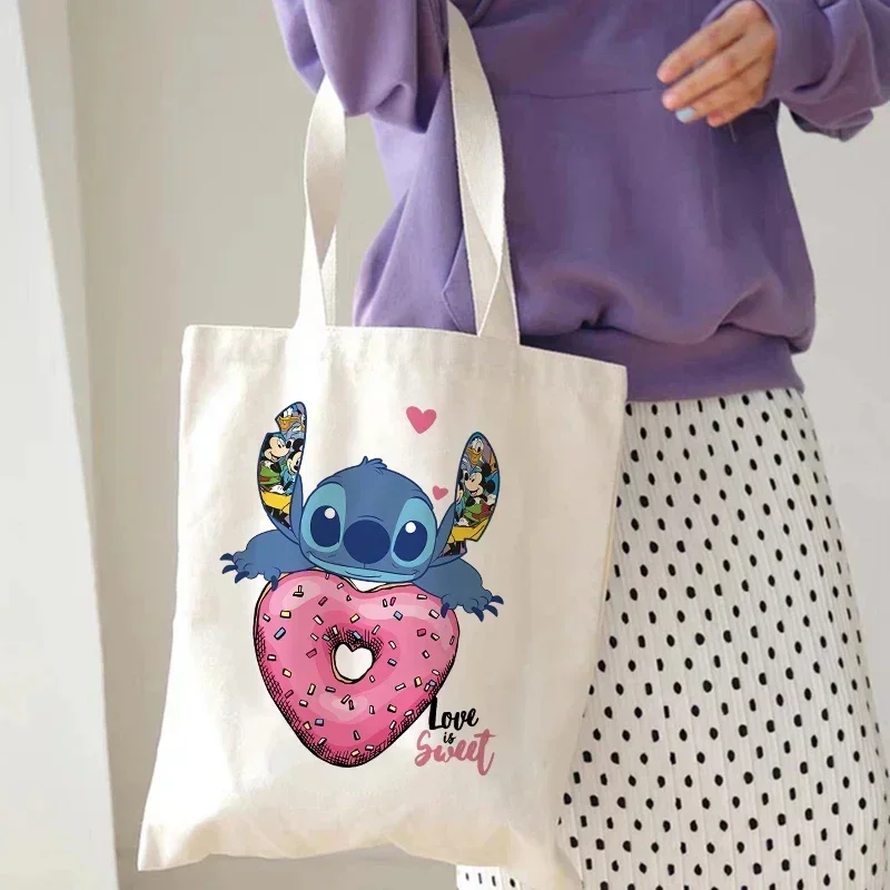 MINISO Stitch Tote Bags for Women Shopping Bag with Handbag Large-capacity Shopper Bag Casual Lady Students Tote Bag for Girls