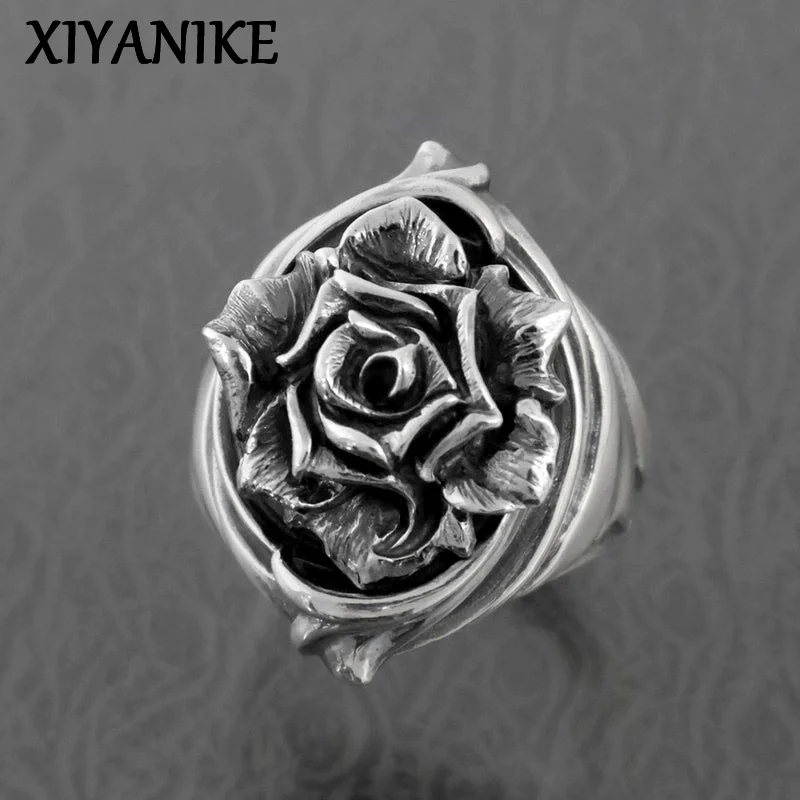 

XIYANIKE Vintage Thai Silver Rose Flower Open Rings For Men Women Hip Hop Fashion New Jewelry Gift Party Rock anillos