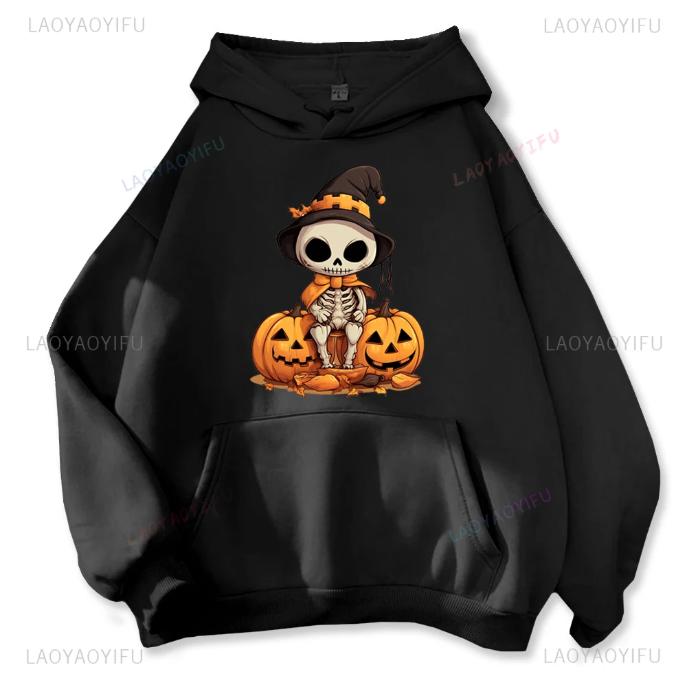 Halloween Bones Witch Pumpkin Graphic Hoodies Woman Man Autumn and Winter All Saints' Day Orange Sweatshirt Creative Hoody