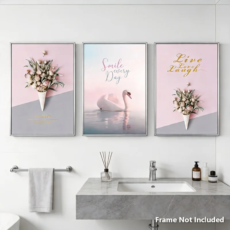 （NoFrame 3PCS)-2D Flat, 1 Set of 3 Unframed Pink Swan & Flower Cone Canvas Wall Art Prints, 
