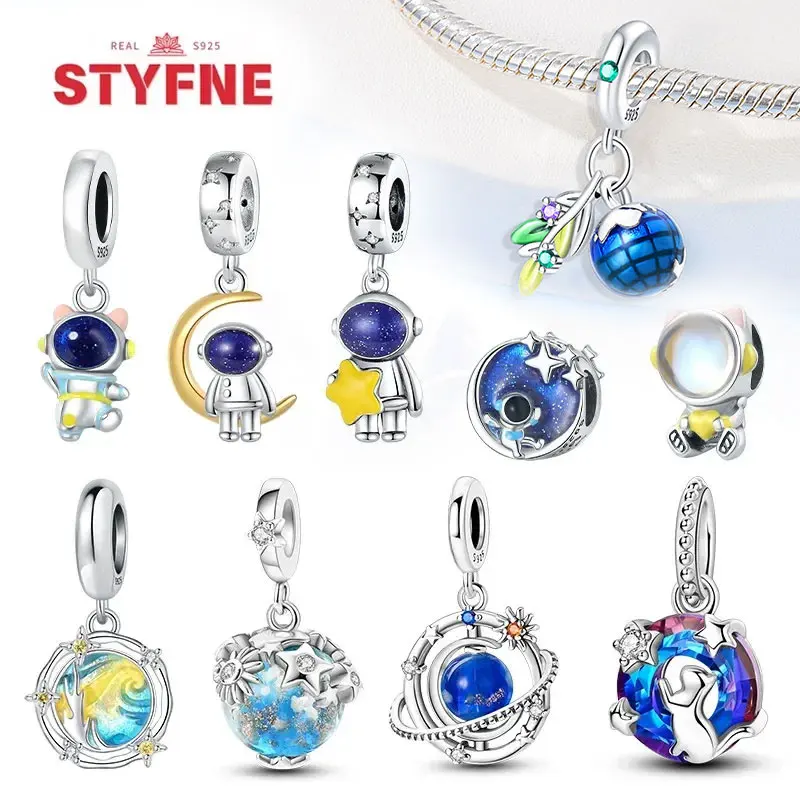 

925 Silver Astronaut Spaceship Space Series Charms Beads 925 Original Bracelets DIY Anniversary fine Jewelry for Women Gifts