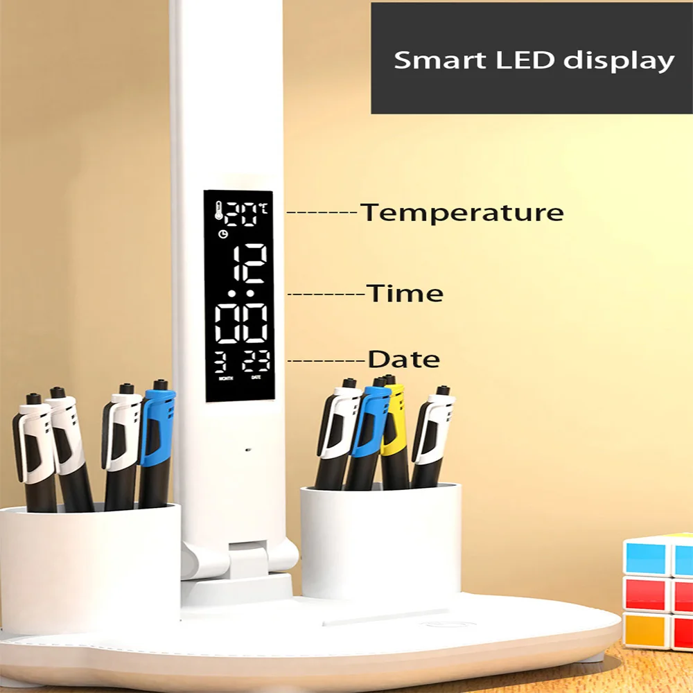 Lampada da tavolo pieghevole a LED con dimmer tattile Lampada da lettura con protezione per gli occhi Lampada da scrivania a doppia testa con data dell'ora Luce notturna con carica USB sul comodino