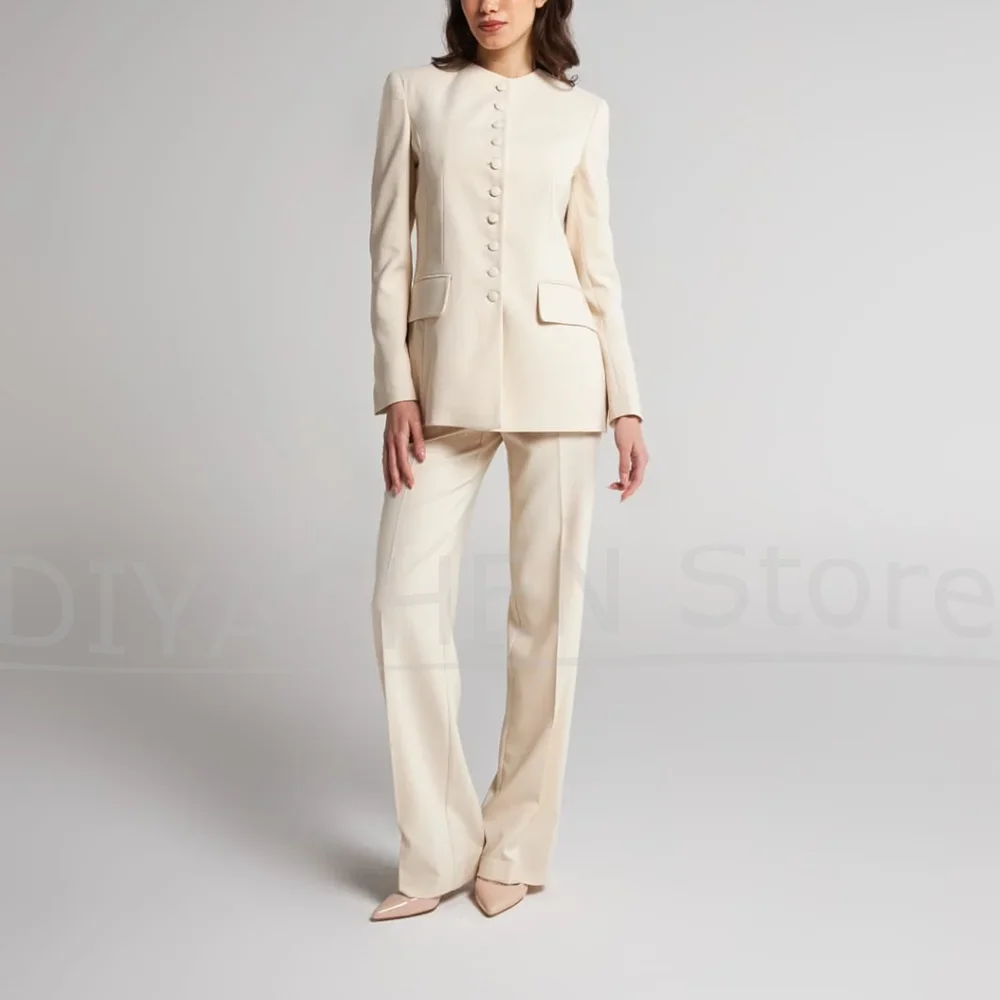 Fashion Women 2 Piece Pants Suit Round Collar Single Breasted Blazer And Trousers Office Lady Casual Wedding Party Tuxedo