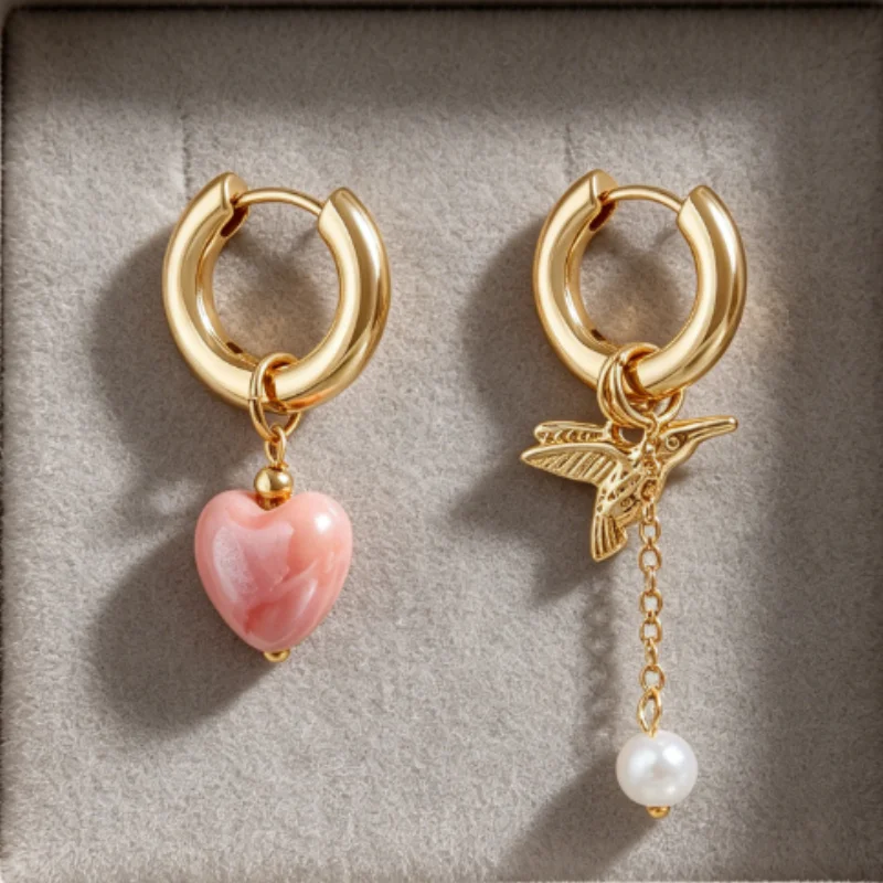 Retro Trendy Geometric Stereo Pink Heart-shaped Bird Pearl Tassel Asymmetrical Dangle Earrings for Women Jewelry Accessory Gifts